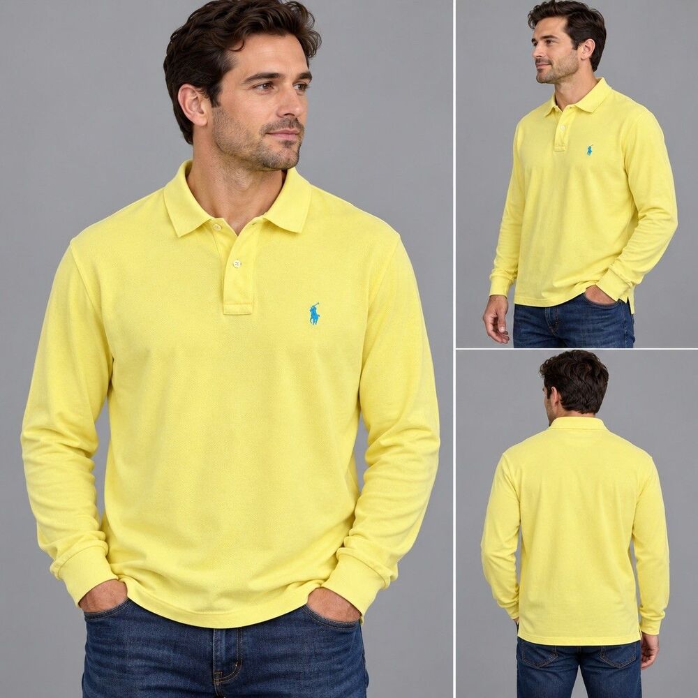 Polo Ralph Lauren Mens L Yellow Long Sleeve Polo Shirt Blue Pony Vintage Preppy